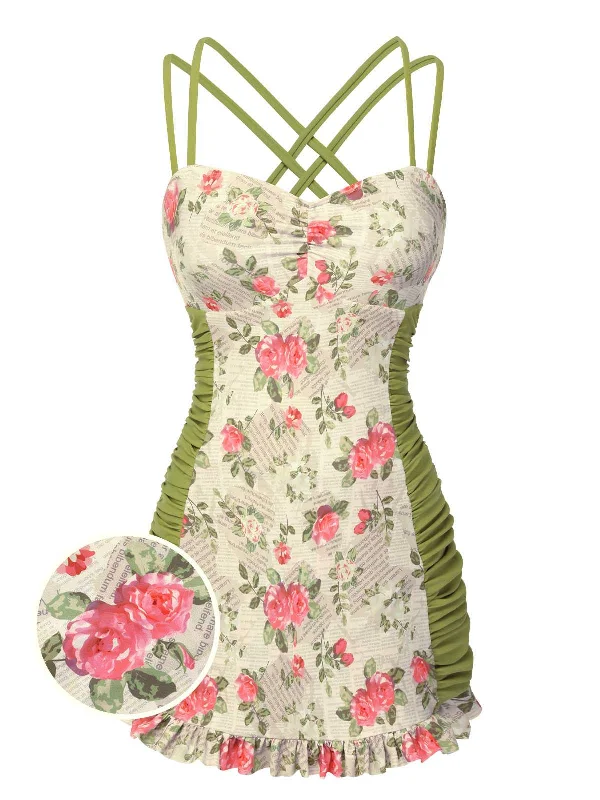 Push - up bikini top to enhance the bust for a confident beach appearance1940s Double Strap Pleated Roses One-Piece Swimsuit