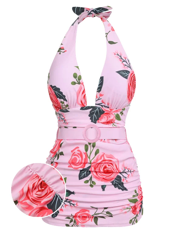 High - waisted bikini for a retro and tummy - flattering lookPink 1930s Roses Halter Belt Swimsuit