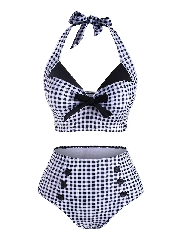 String bikini for a minimalistic and sexy beach styleBlack 1950s Gingham Halter Bowknot Bikini Set