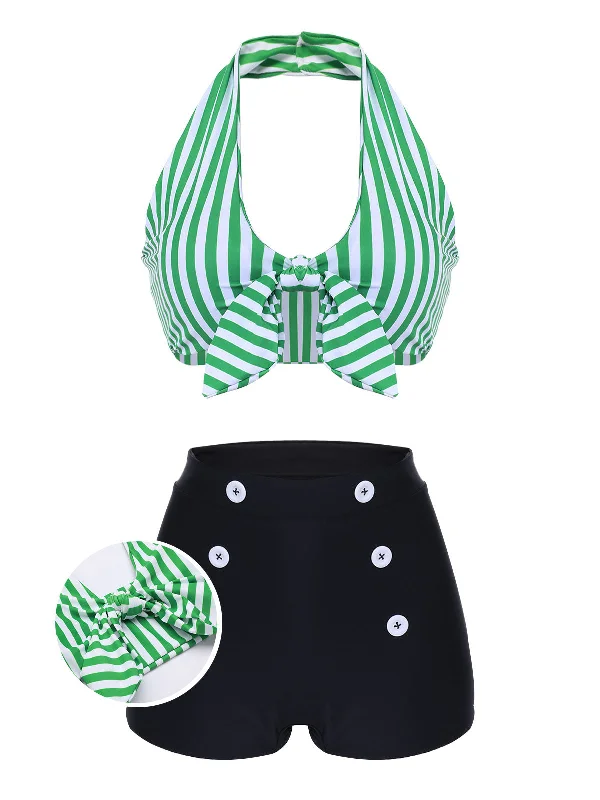 Ruched bikini with fabric gathers for a slimming effectGreen 1950s Retro Halter Stripes Bikini Set