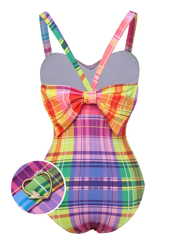 String bikini for a minimalistic and sexy beach styleMulticolor 1970s Rainbow Plaid Bow Swimsuit