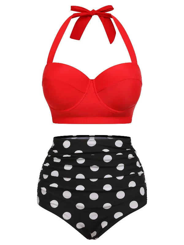 Push - up bikini top to enhance the bust for a confident beach appearance2PCS Red 1940s Dots Halter Swimsuit