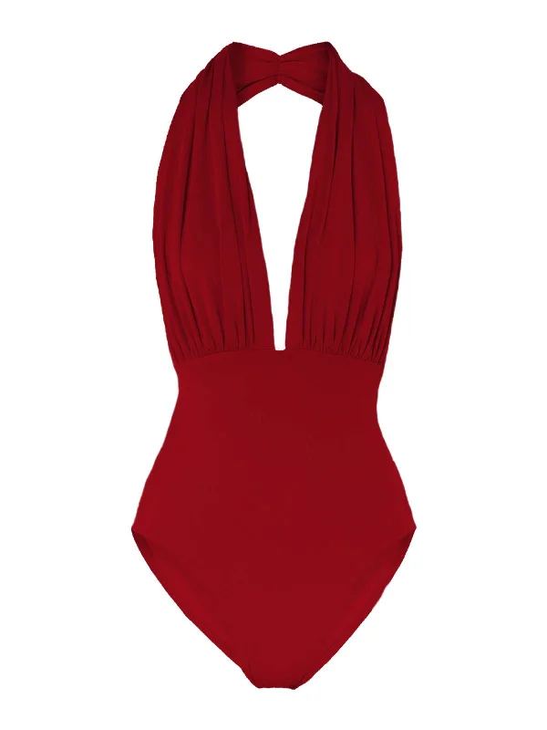 Monokini - style bikini with a unique one - piece - meets - bikini designRed 1930s Retro Halter Solid One-piece Swimsuit