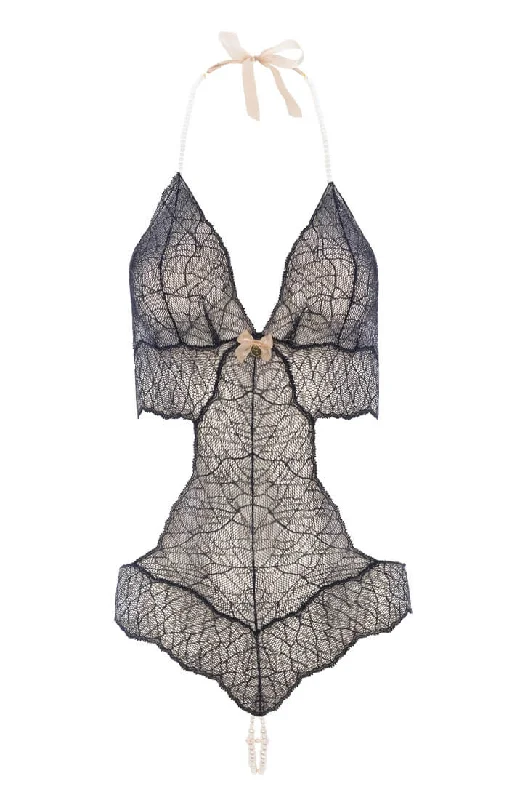 Cut - Out Bodysuits for a Trendy and Fashion - Forward StyleBlack bodysuit with double pearl string - Sydney Body Double