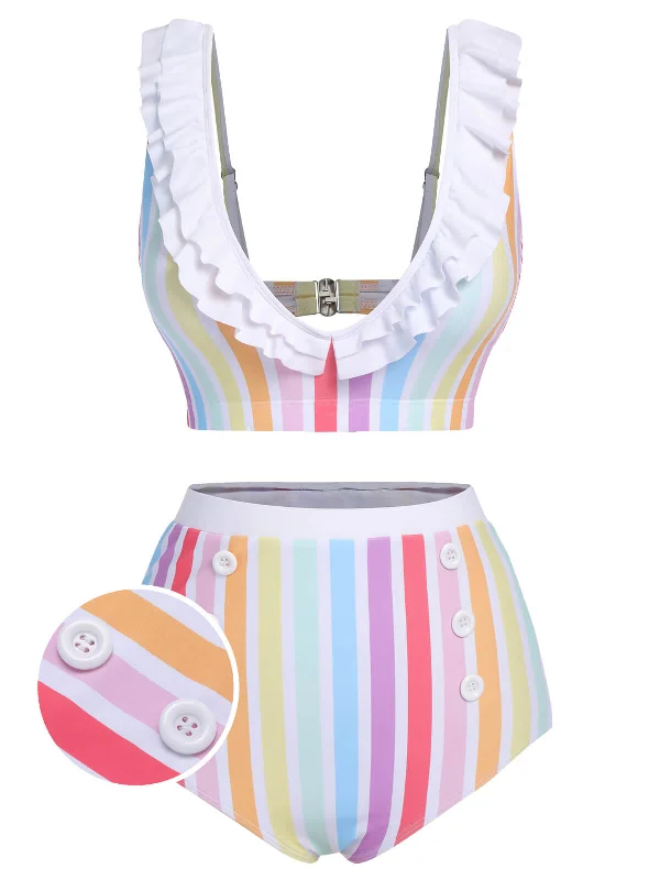 High - performance bikini with quick - drying fabric for active swimmersMulticolor 1950s Rainbow Stripes Swimsuit