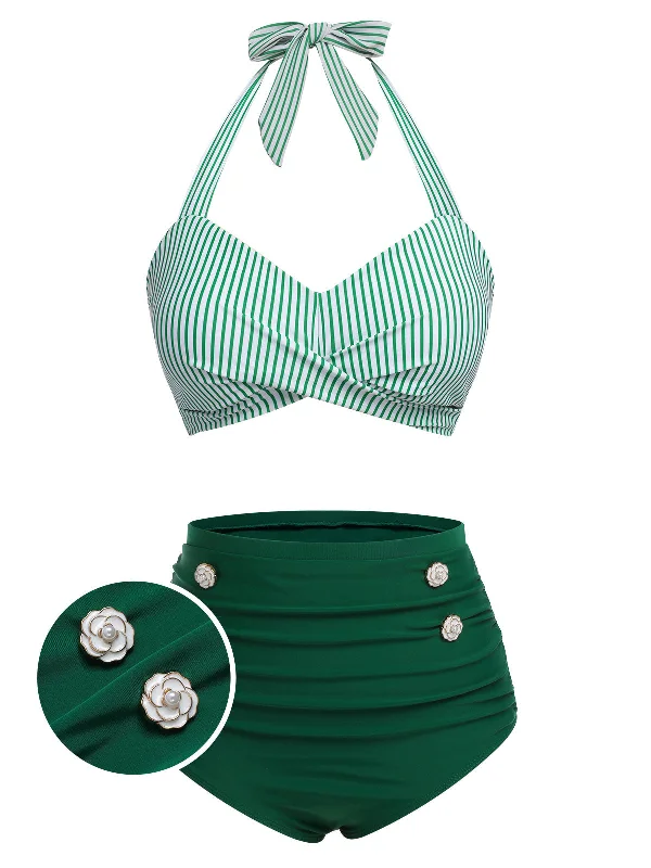 Ruched bikini with fabric gathers for a slimming effectGreen 1940s Striped Halter Swimsuit Set