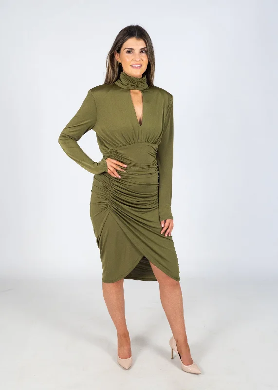 Long - Sleeve Women Sweater with Ribbed CuffsAccess Pesto Green Midi Dress With Gathering