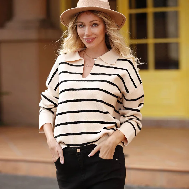 V - Neck Women Sweater to Elongate the NecklineAirport Style Collared V Neck Apricot and White Striped Sweater