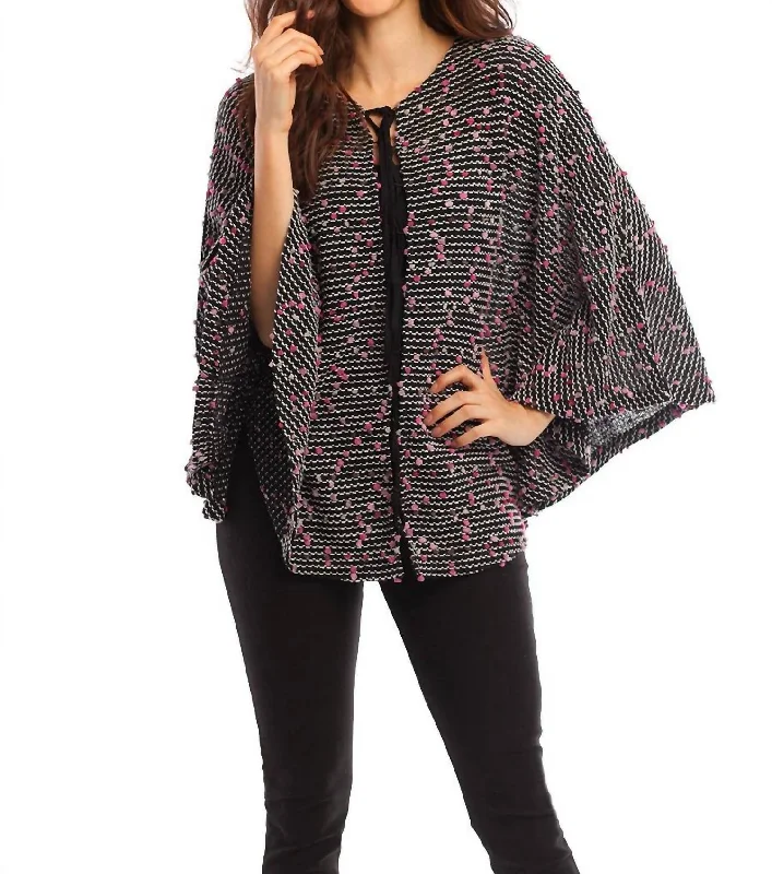 Cable - Knit Women Sweater with Intricate PatternsAria Tie-Up Poncho In Black Multi