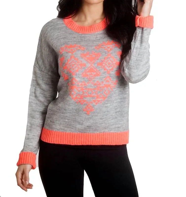 Mock - Neck Women Sweater for a Modern TwistAztec Heart Sweater In Grey