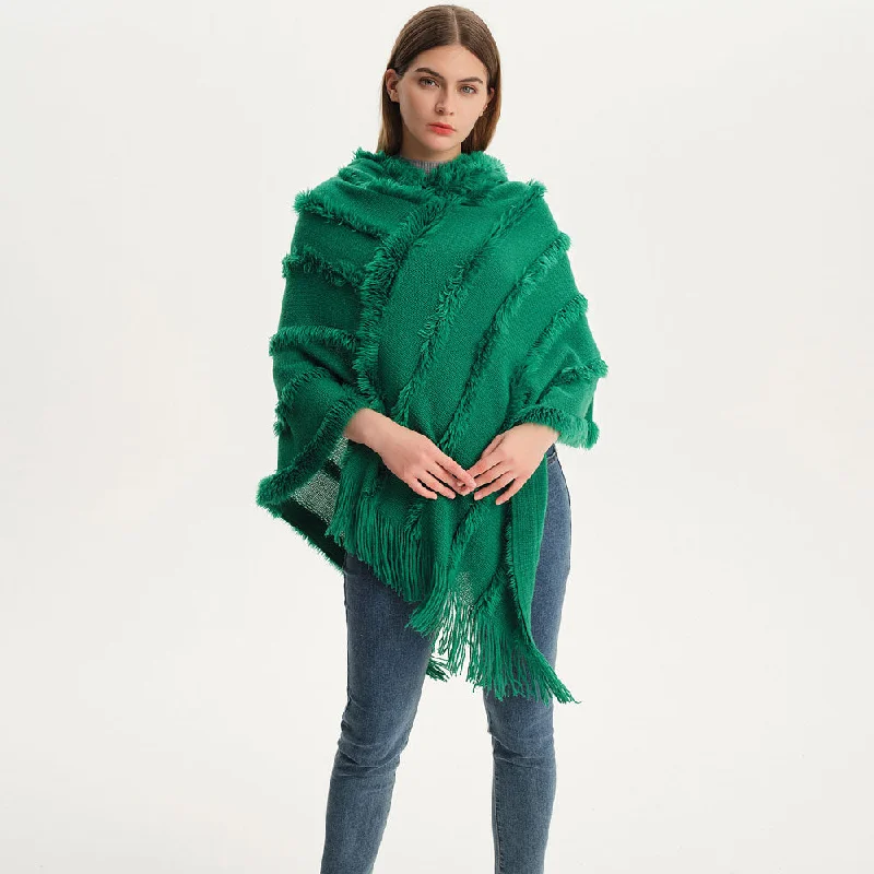 Organic Cotton Women Sweater for an Eco - Friendly ChoiceBohemian Fringe Faux Fur Batwing Sleeve Green Hooded Knit Poncho Sweater