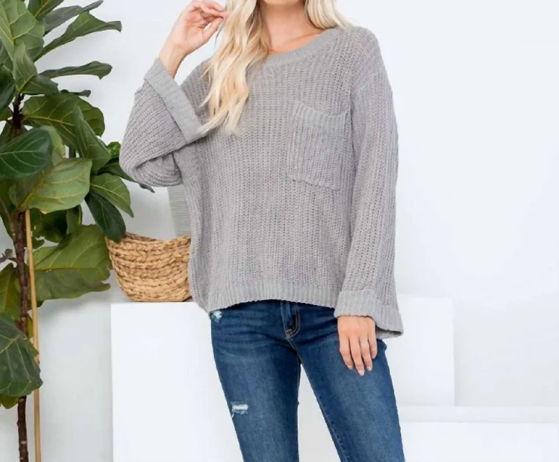 Floral Print Women Sweater for a Feminine AppealBreezy Days Sweater With Pocket And Cuffed Bell Sleeves In Grey