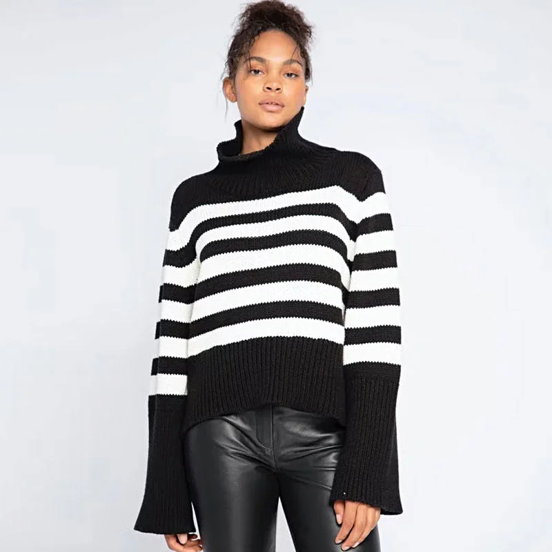 Organic Cotton Women Sweater for an Eco - Friendly ChoiceBreton Black and White Stripe Turtleneck Long Sleeve Oversized Knit Sweater