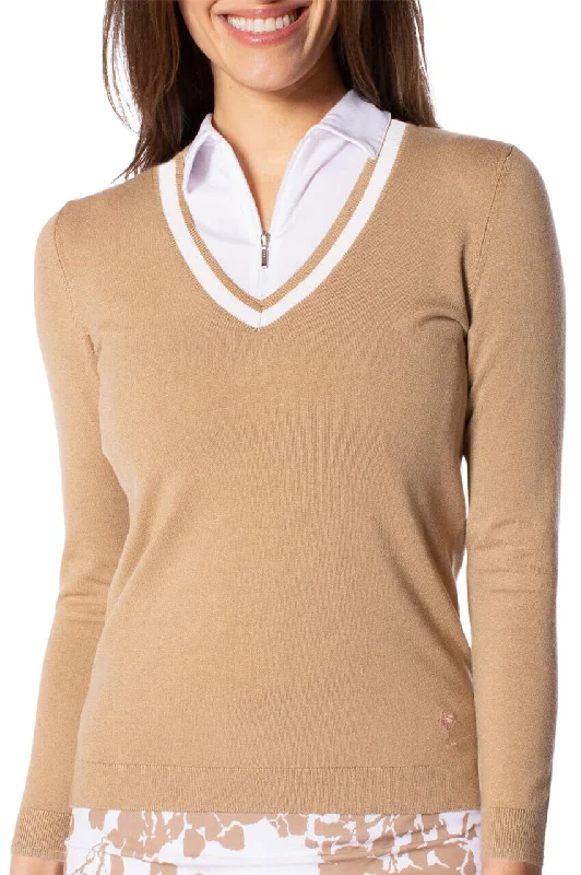 Open - Front Women Sweater for Easy LayeringCamel/White Stretch V-Neck Sweater