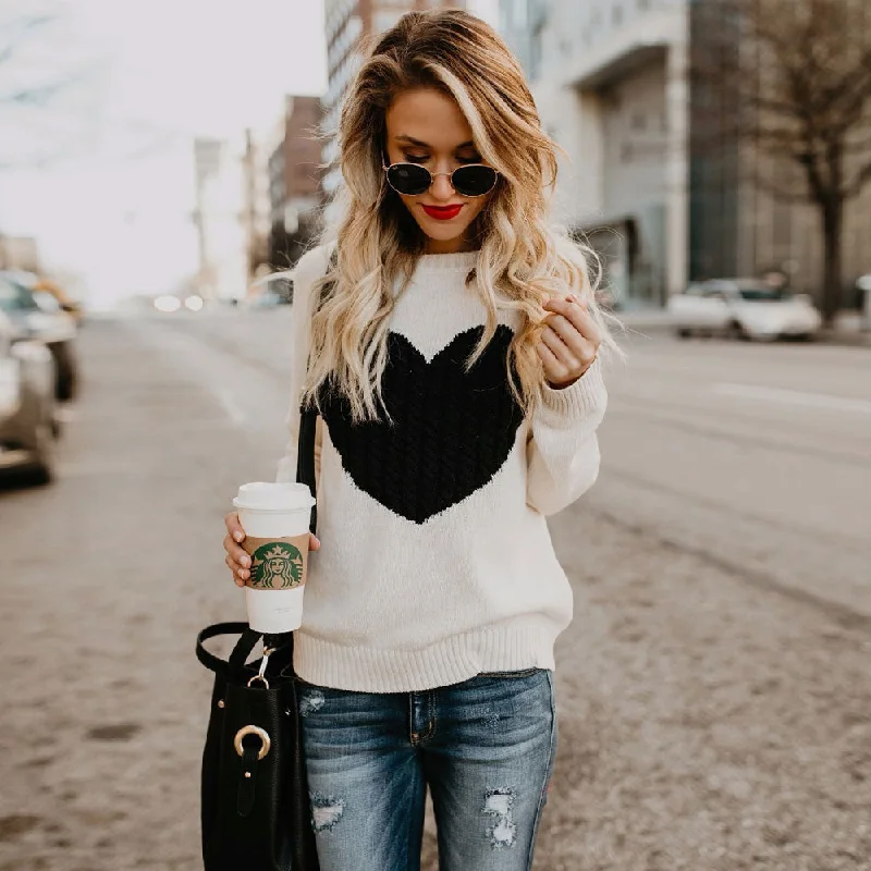 Sequin - Embellished Women Sweater for Special OccasionsCasual Crew Neck Cable Heart Long Sleeve Knit Sweater