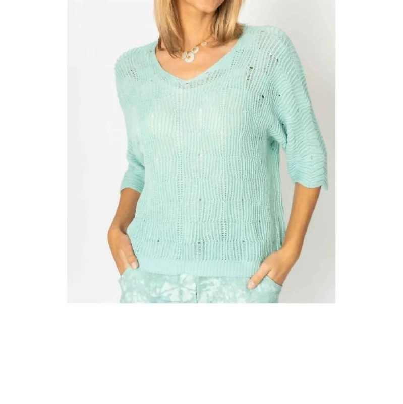 Mock - Neck Women Sweater for a Modern TwistChic Breeze V Neck Open Weave Sweater In Aqua