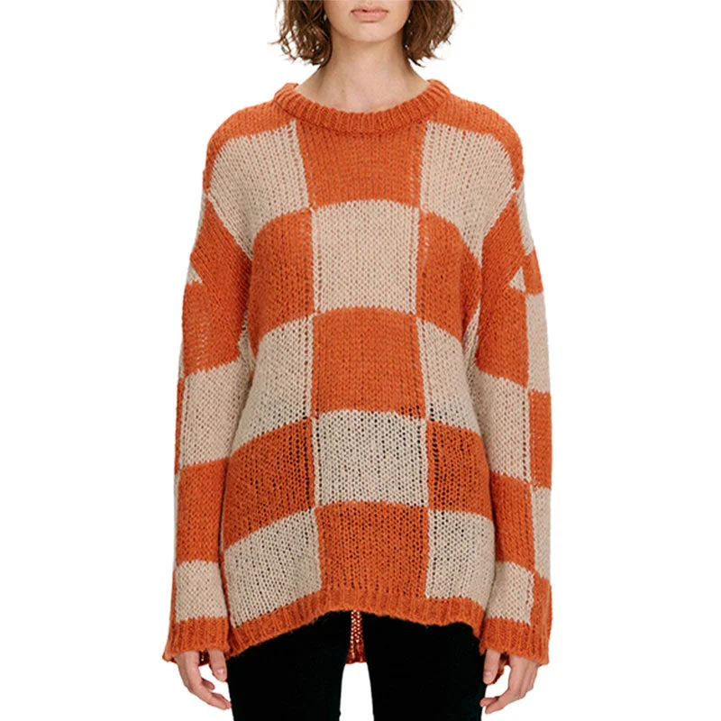 Striped Women Sweater with a Timeless PatternChic Checkered Print Crew Neck Drop Shoulder Long Sleeve Orange Oversized Sweater