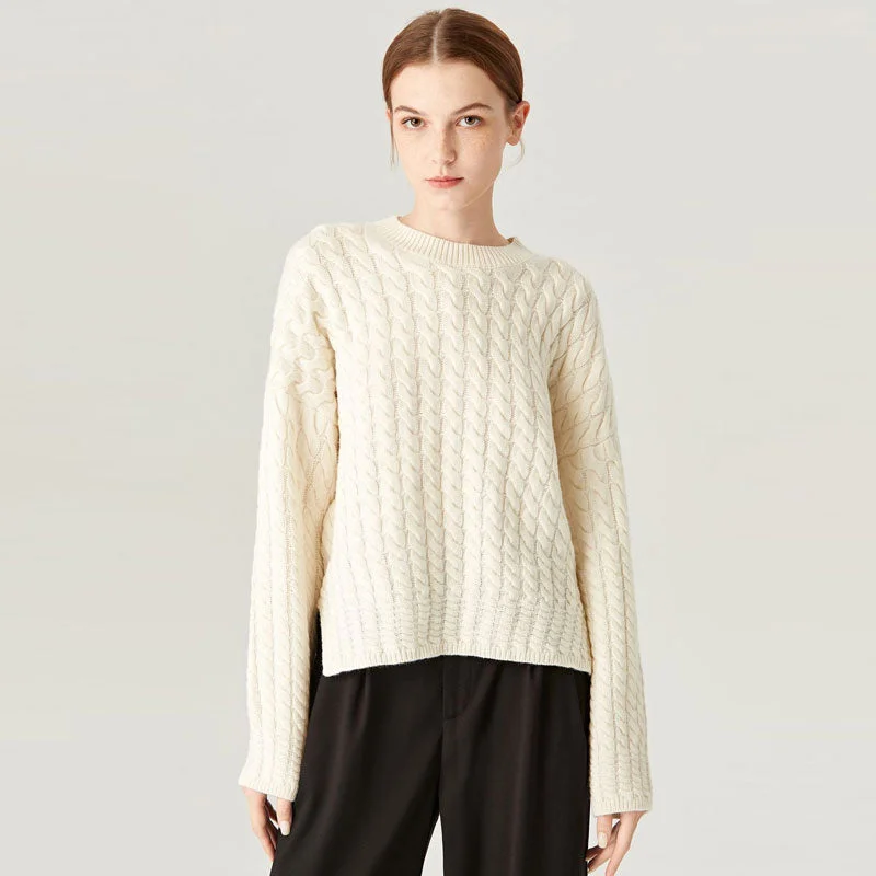 Cable - Knit Women Sweater with Intricate PatternsChic Beige Crew Neck Side Slit Cashmere Blend Cable Knit High Low Sweater