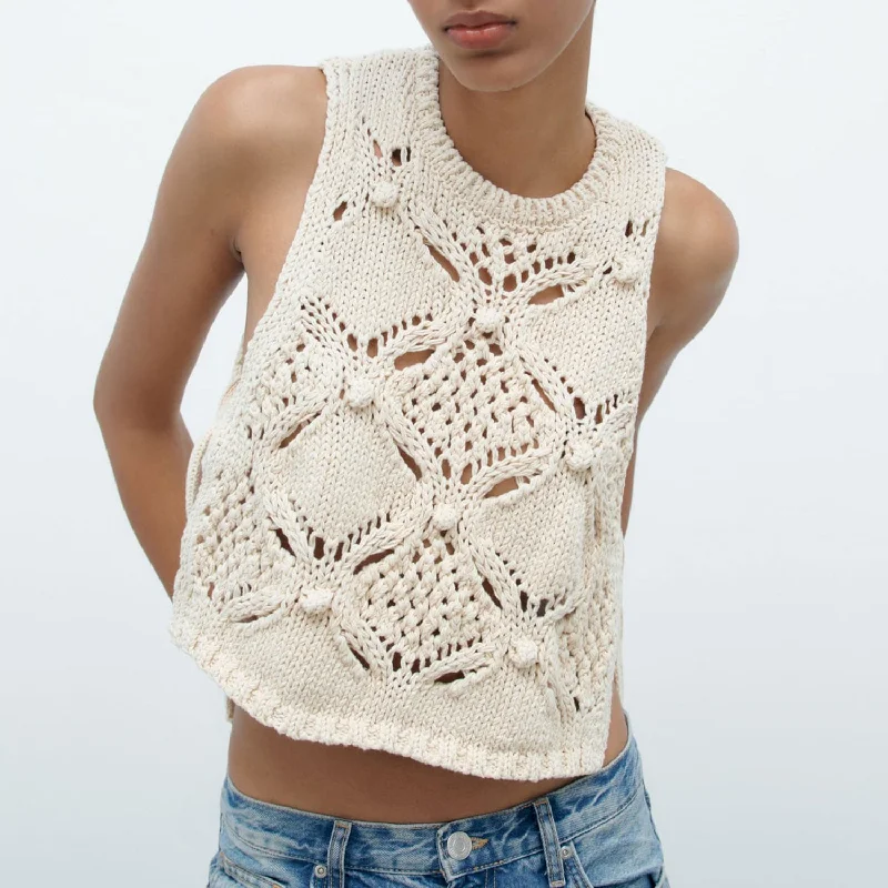 Cashmere Women Sweater with a Luxurious Soft TouchChic Crew Neck Tie Side Crochet Pom Pom Trim Cable Knit Crop Tank Top