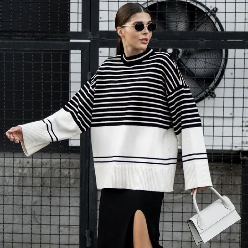 Organic Cotton Women Sweater for an Eco - Friendly ChoiceChic High Neck Drop Shoulder Black And Beige Striped Sweater