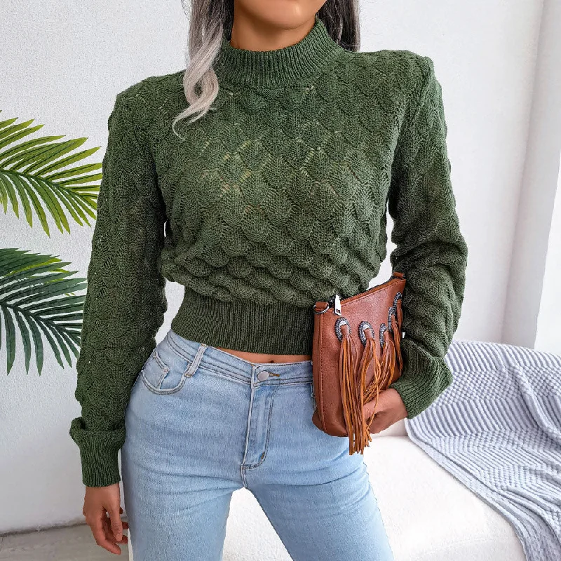 Cashmere Women Sweater with a Luxurious Soft TouchChic High Neck Pointelle Crochet Knit Cropped Sweater