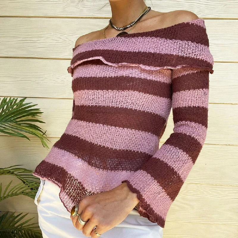 Oversized Women Sweater for a Cozy and Fashionable LookChic Off The Shoulder Foldover Bell Sleeve Mauve Striped Open Knit Sweater