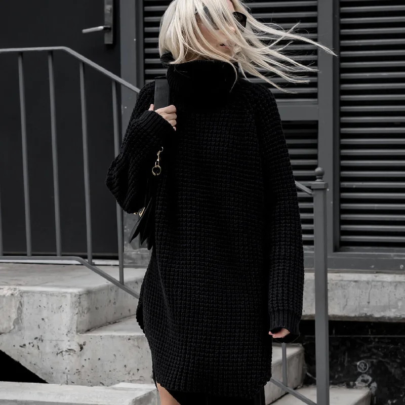 Cable - Knit Women Sweater with Intricate PatternsChic Black Turtleneck Side Slit Crochet Openwork Waffle Knit Long Sweater