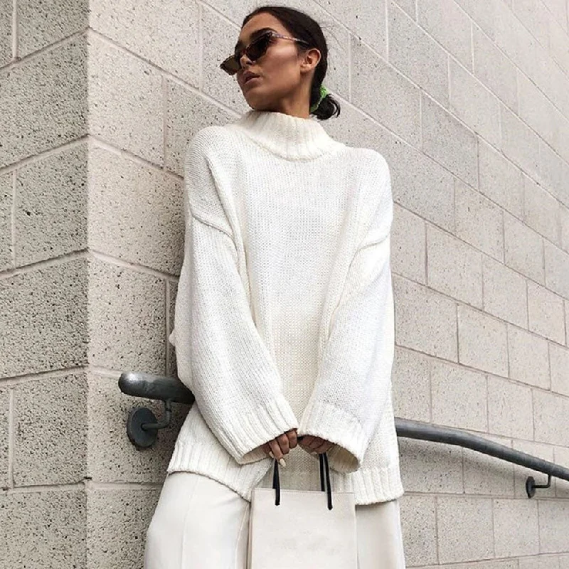 Cropped Women Sweater to Pair with High - Waisted BottomsComfy White High Neck Drop Shoulder Split Side Oversized Knit Sweater