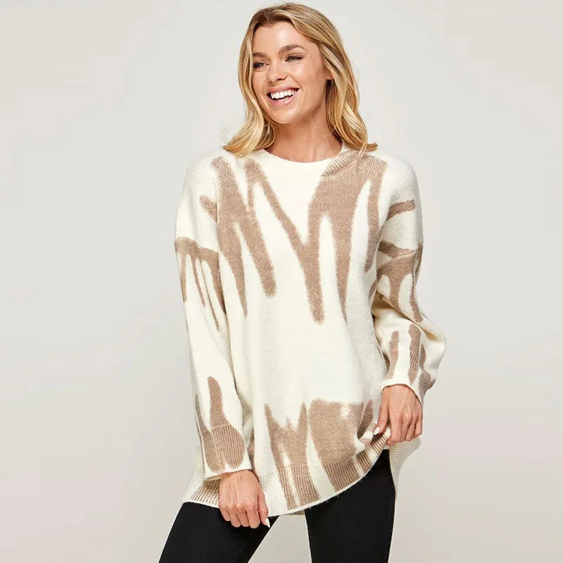 Cashmere Women Sweater with a Luxurious Soft TouchContrast Khaki Graphic Pattern Long Sleeve Oversized Knit Sweater