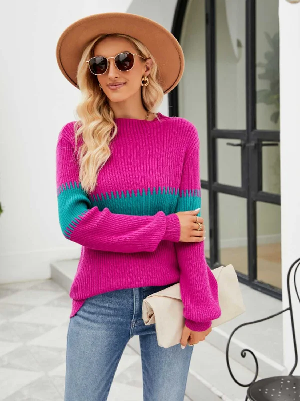 V - Neck Women Sweater to Elongate the NecklineContrast Round Neck Sweater