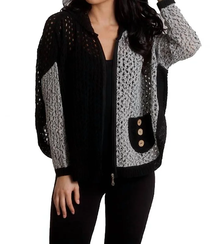 Oversized Women Sweater for a Cozy and Fashionable LookCrochet Button Hoodie Poncho In Black/white