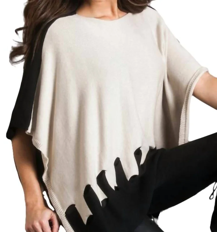 Hooded Women Sweater for Added Comfort and StyleCut Work Poncho In Black/stone