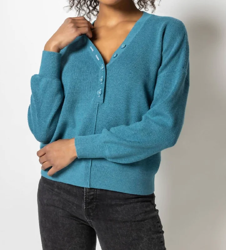 Hooded Women Sweater for Added Comfort and StyleEasy Button Henley Sweater In Baltic Blue