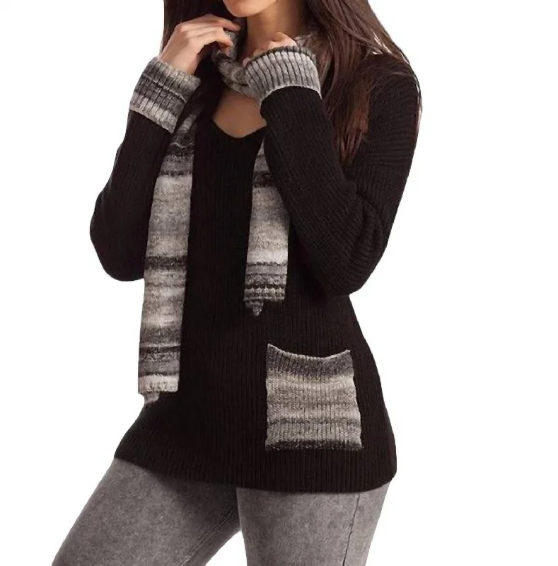 Cashmere Women Sweater with a Luxurious Soft TouchEmilia Ribbed V-Neck W/ Scarf In Black Multi