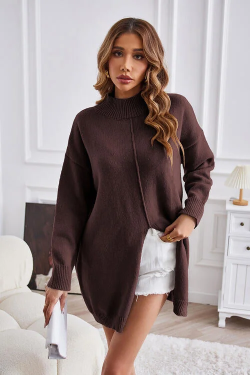 Turtleneck Women Sweater for a Classic and Elegant StyleExposed Seam Mock Neck Slit Sweater