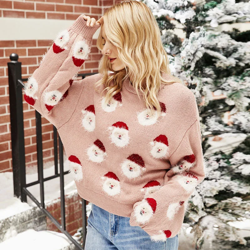 Floral Print Women Sweater for a Feminine AppealEyelash Santa Claus Crew Neck Bishop Sleeve Christmas Sweater