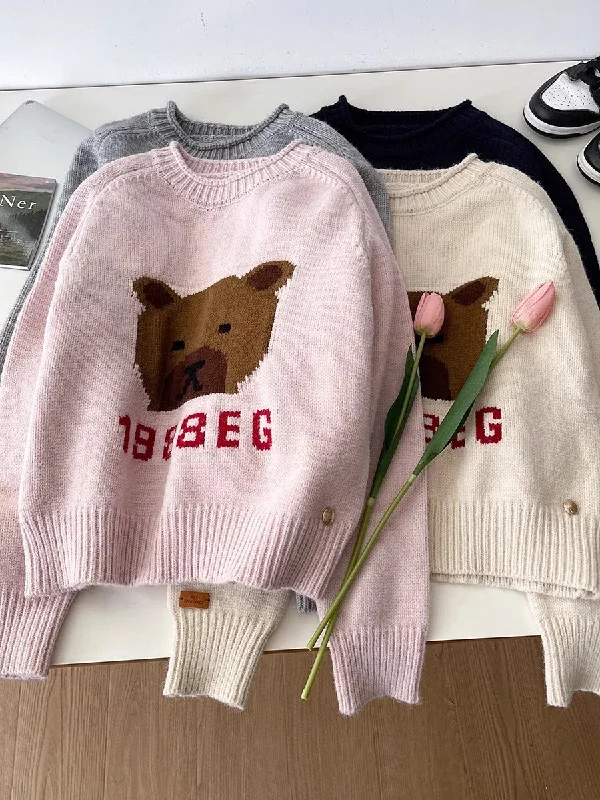 Floral Print Women Sweater for a Feminine AppealFashionable casual cartoon bear jacquard round neck long-sleeved knitted sweater    S4743