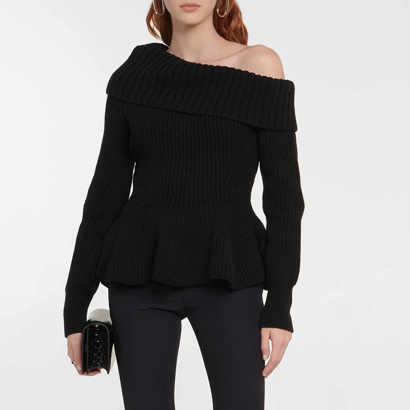 Cable - Knit Women Sweater with Intricate PatternsFeminine Folded Collar One Shoulder Ribbed Knit Peplum Sweater