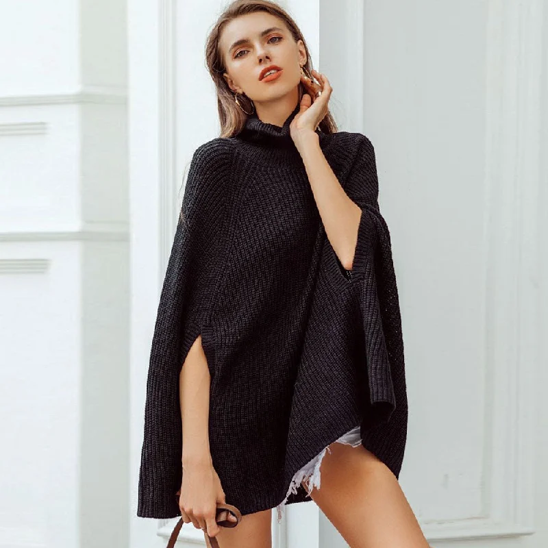 Open - Front Women Sweater for Easy LayeringFeminine Ribbed Knit Oversized Turtleneck Poncho Sweater