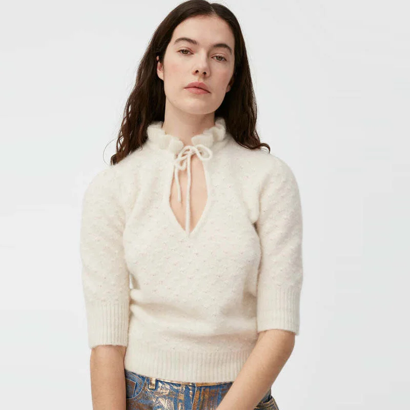 Button - Down Women Sweater for a Versatile LookFeminine Ruffled Trim Cutout Front Puff Sleeve Pointelle White Knit Sweater