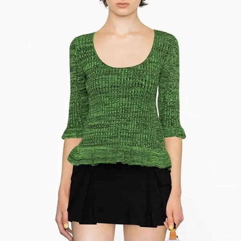 Organic Cotton Women Sweater for an Eco - Friendly ChoiceFeminine Green Ruffled Trim Half Sleeve Scoop Neck Marled Rib Knit Fitted Sweater