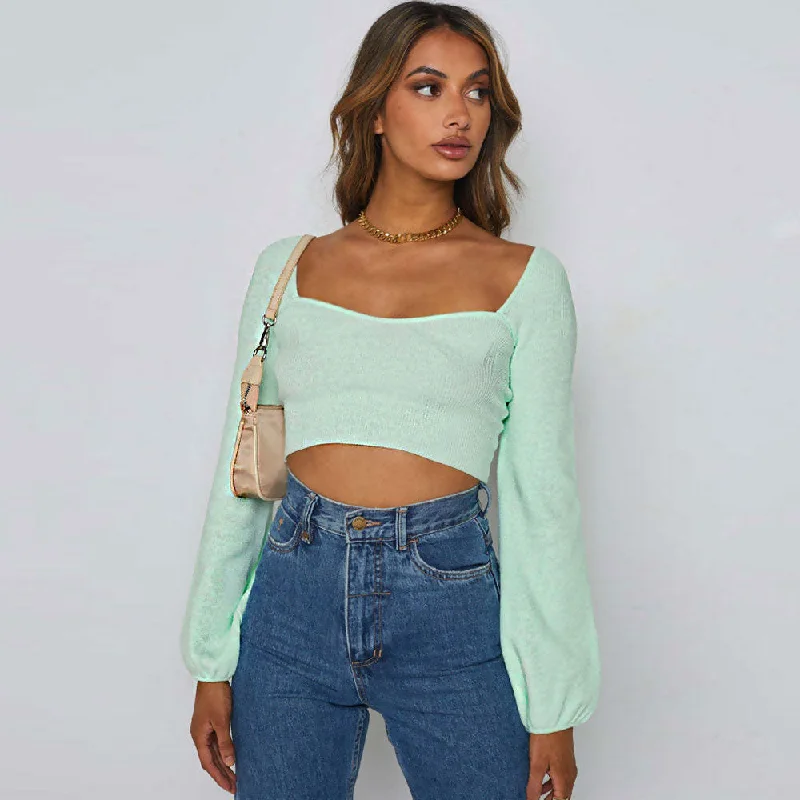 Sequin - Embellished Women Sweater for Special OccasionsFeminine Sweetheart Balloon Sleeve Open Back Rib Knit Cropped Top