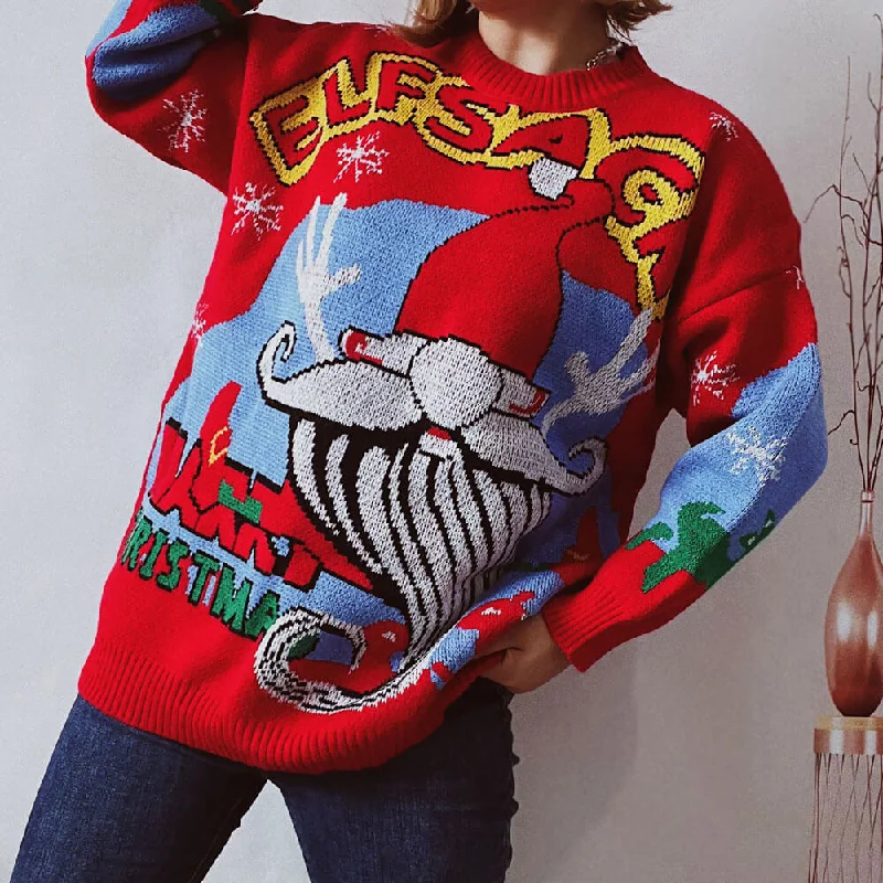 Striped Women Sweater with a Timeless PatternFestival Santa Claus Crew Neck Long Sleeve Red Christmas Sweater