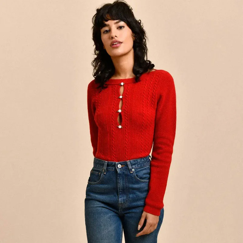 Cashmere Women Sweater with a Luxurious Soft TouchFlattering Floral Embellished Cutout Crew Neck Red Cable Rib Knit Fitted Sweater