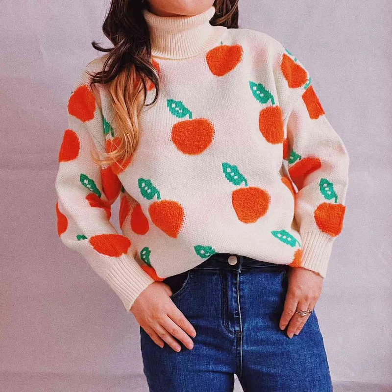 Oversized Women Sweater for a Cozy and Fashionable LookFruit Pattern Turtleneck Dropped Sweater