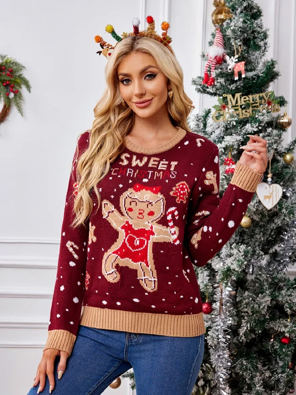 Cable - Knit Women Sweater with Intricate PatternsGingerbread Round Neck Long Sleeve Sweater