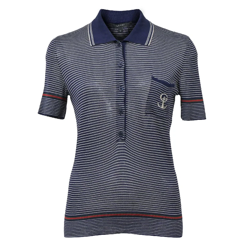 Lightweight Women Sweater for Spring and FallGucci Striped Knit Polo Shirt in Navy Blue Silk