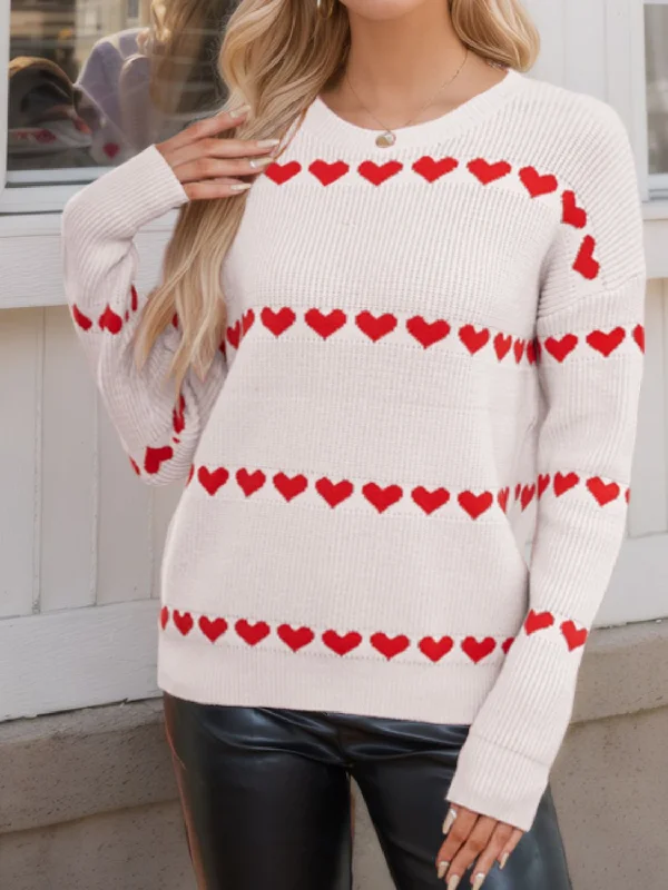 Oversized Women Sweater for a Cozy and Fashionable LookHeart Round Neck Long Sleeve Sweater