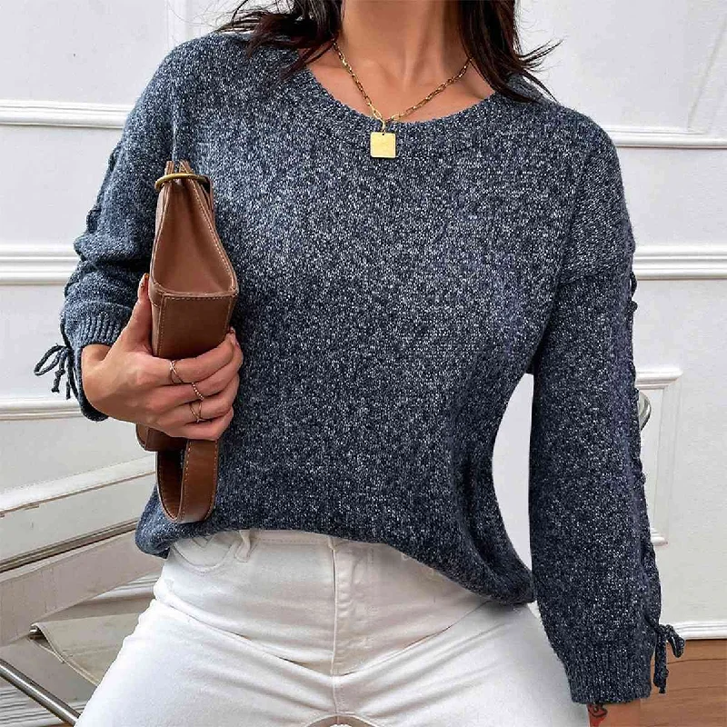 Color - Blocked Women Sweater for a Bold Fashion StatementLace-Up Long Sleeve Round Neck Sweater