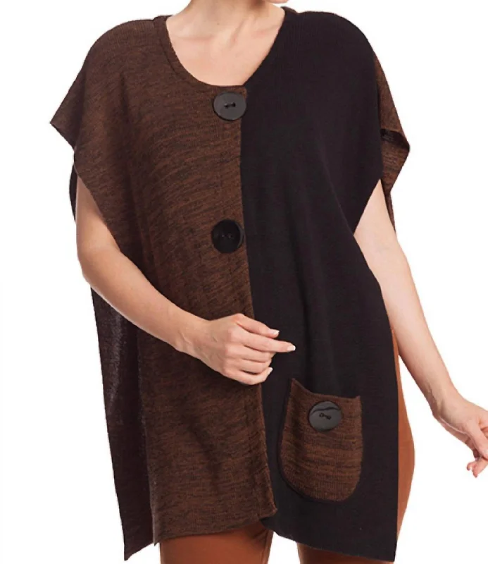 Oversized Women Sweater for a Cozy and Fashionable LookLarge Button Poncho Sweater In Brown/black